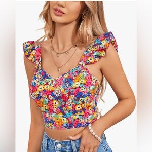 NWT SHEIN Floral Backless Ruffle Backless Crop Top. Tank Top. Size Medium (6).